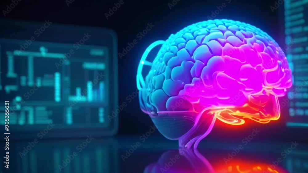 The video shows a glowing, translucent, 3D model of a human brain in ...