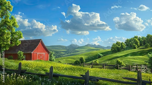 Peaceful Countryside Scene with a Red Barn. AI generated illustration