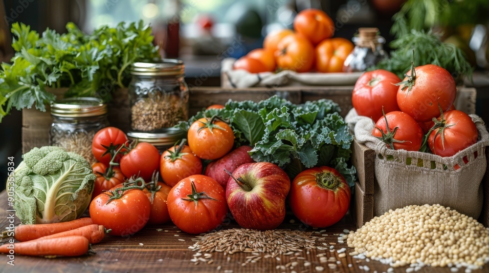 Fresh Farm Produce Displayed On A Rustic Wooden Table With Jars. Generative AI Fresh Farm Produce Displayed On A Rustic Wooden Table With Jars. Generative AI