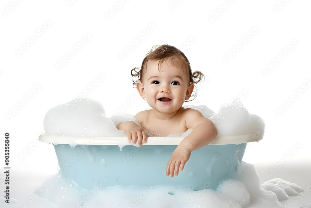 Cute smiling baby sitting in bathtub, isolated on white background Cute smiling baby sitting in bathtub, isolated on white background