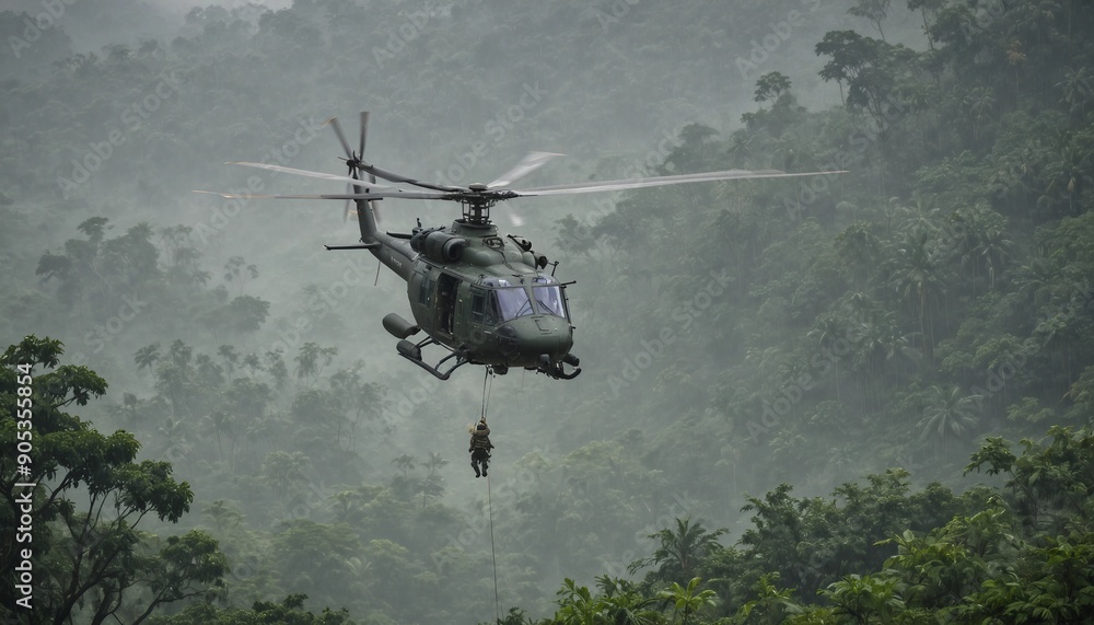 A military helicopter hovering above a dense Vietnamese jungle in heavy rain, with soldiers rappelling down into the thick greenery below.
A military helicopter hovering above a dense Vietnamese jungle in heavy rain, with soldiers rappelling down into the thick greenery below.