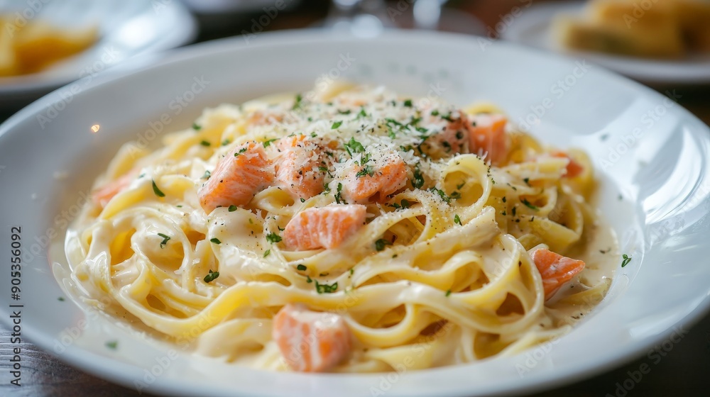 pasta with salmon in a creamy sauce sprinkled with parmesan cheese pasta with salmon in a creamy sauce sprinkled with parmesan cheese