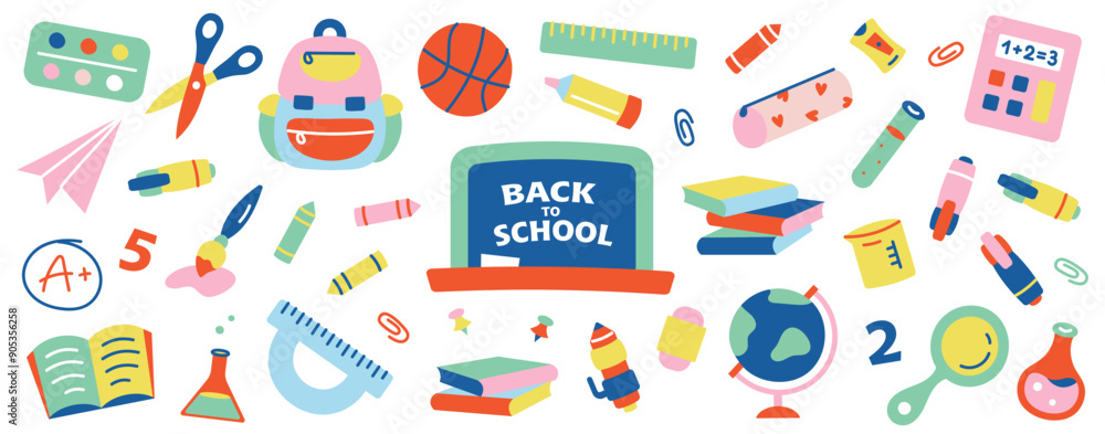 Back to school pattern. Children banner with school supplies. Back to school collection of supplies with lettering on blackboard. Hand drawn wallpaper with school stuffs. Cute colorful background Back to school pattern. Children banner with school supplies. Back to school collection of supplies with lettering on blackboard. Hand drawn wallpaper with school stuffs. Cute colorful background