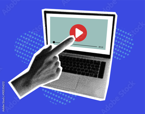 Halftone hand push button play in trendy collage style. Laptop with player. Fingers touch, click or tap.