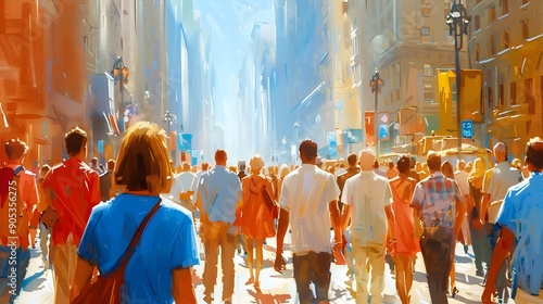 Wallpaper Mural Vibrant City Streets Crowded People Sunlight Urban Life Energy Movement. AI Generated Torontodigital.ca