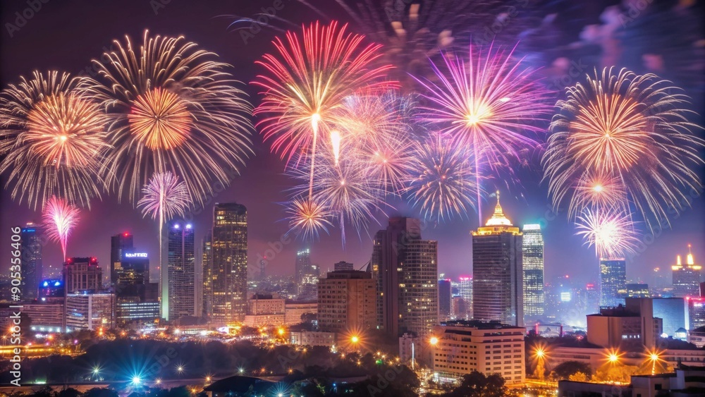 Vibrant New Year's Eve Cityscape with Spectacular Fireworks Display Vibrant New Year's Eve Cityscape with Spectacular Fireworks Display