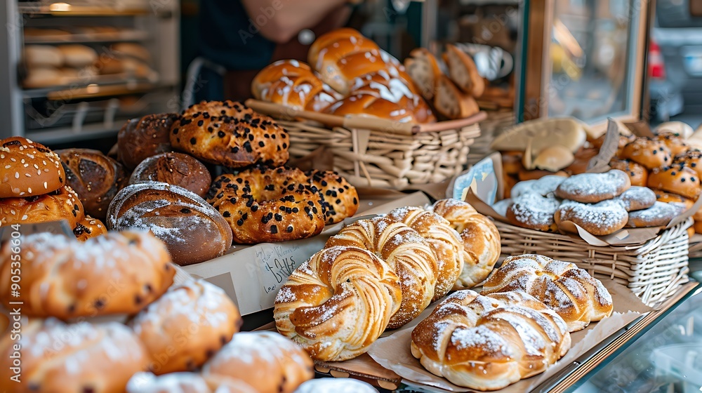 Baked goods and artisan bread at a bakery stand