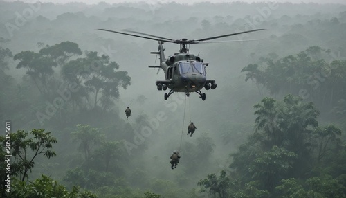 Fototapeta Naklejka Na Ścianę i Meble -  A military helicopter hovering above a dense Vietnamese jungle in heavy rain, with soldiers rappelling down into the thick greenery below.
