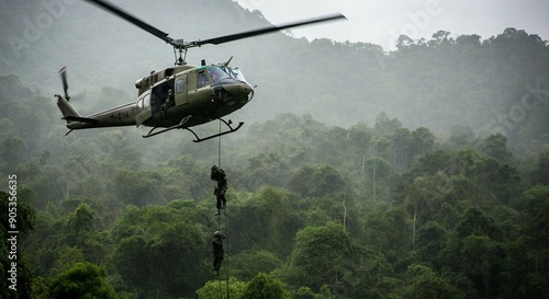 A military helicopter hovering above a dense Vietnamese jungle in heavy rain, with soldiers rappelling down into the thick greenery below.
 photo