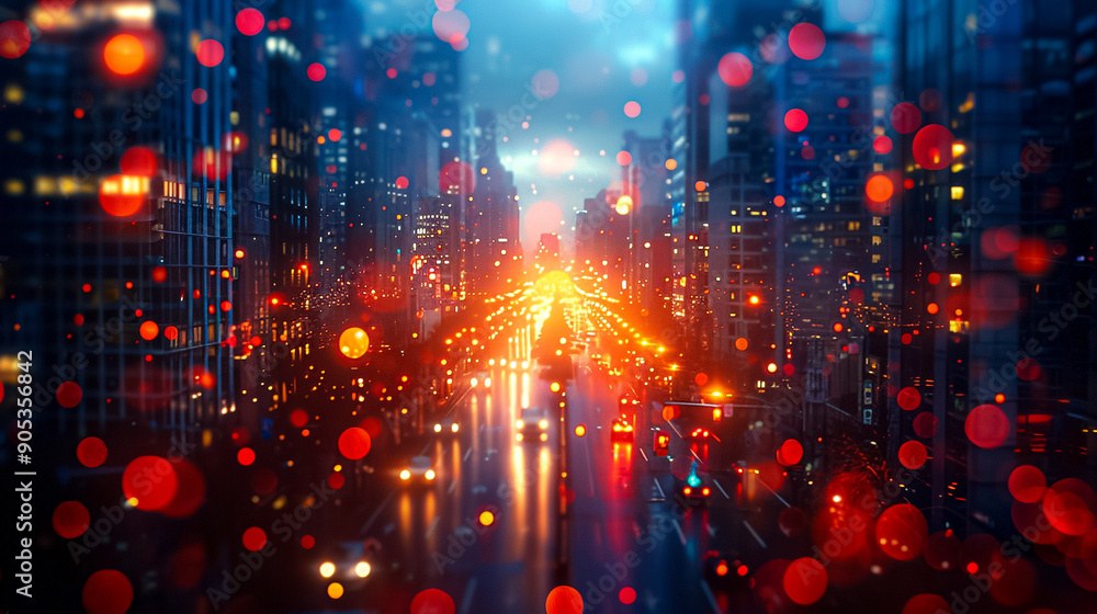 Obraz premium A city street with cars and a bright orange light