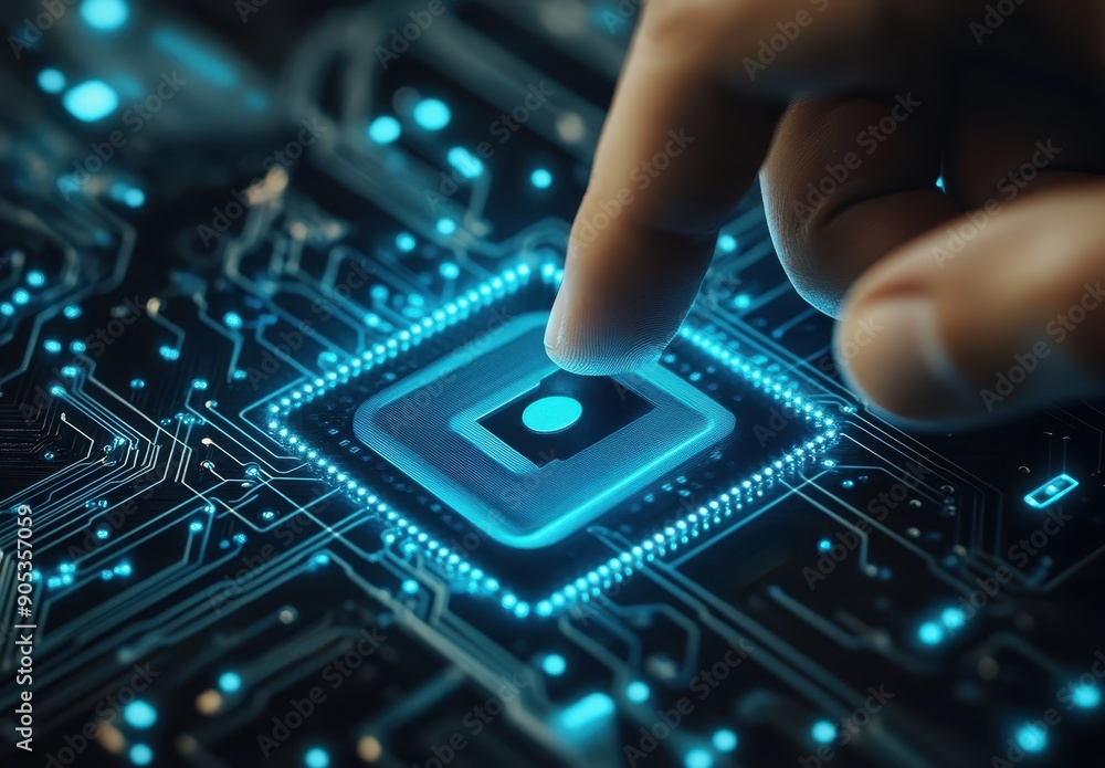 Close-up of a finger touching a glowing microchip circuit, illustrating advanced technology and digital innovation. Close-up of a finger touching a glowing microchip circuit, illustrating advanced technology and digital innovation.