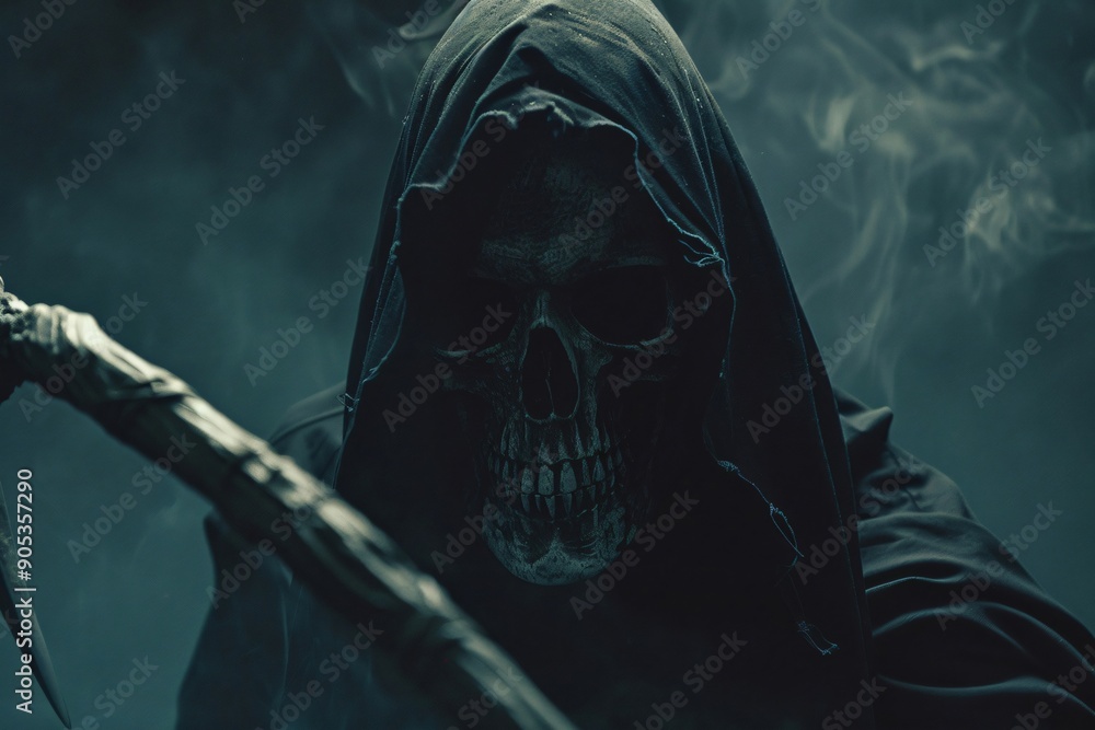 Spooky skeletal grim reaper wearing a black hood holds a scythe Spooky skeletal grim reaper wearing a black hood holds a scythe