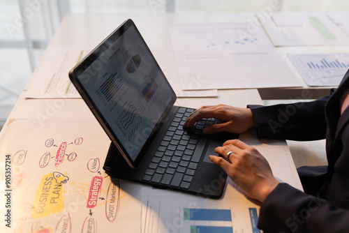 Fototapeta Naklejka Na Ścianę i Meble -  Businessman and woman discussing commercial real estate sector faces risks as financial buy used laptop/calculator and chart in the office.