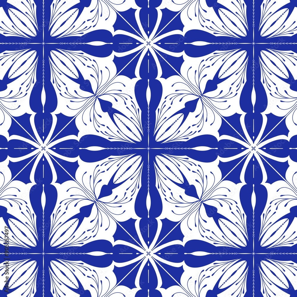 Elegant Blue and White Floral Pattern on a Geometric Tile Design Elegant Blue and White Floral Pattern on a Geometric Tile Design
