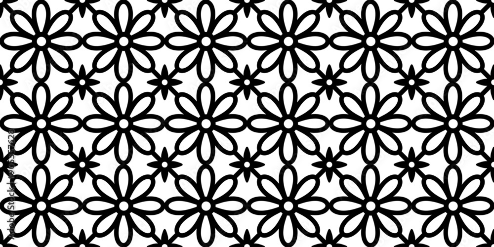 Black and white grid of repeating flower and star. Endless texture with abstract floral ornament. Vector seamless pattern for wrapping paper, surface texture, giftwrap, print, laser or plotter cutting Black and white grid of repeating flower and star. Endless texture with abstract floral ornament. Vector seamless pattern for wrapping paper, surface texture, giftwrap, print, laser or plotter cutting