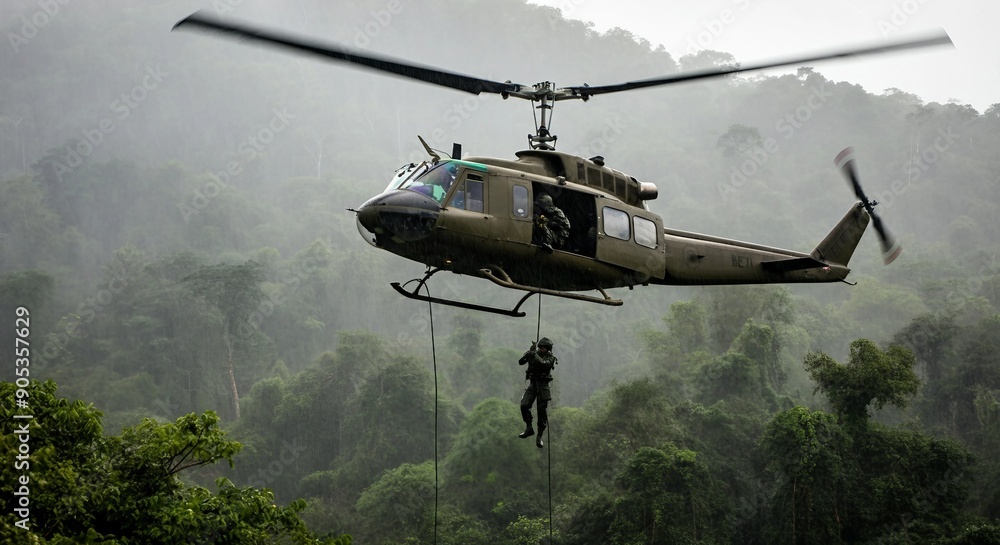 A military helicopter hovering above a dense Vietnamese jungle in heavy rain, with soldiers rappelling down into the thick greenery below.
A military helicopter hovering above a dense Vietnamese jungle in heavy rain, with soldiers rappelling down into the thick greenery below.