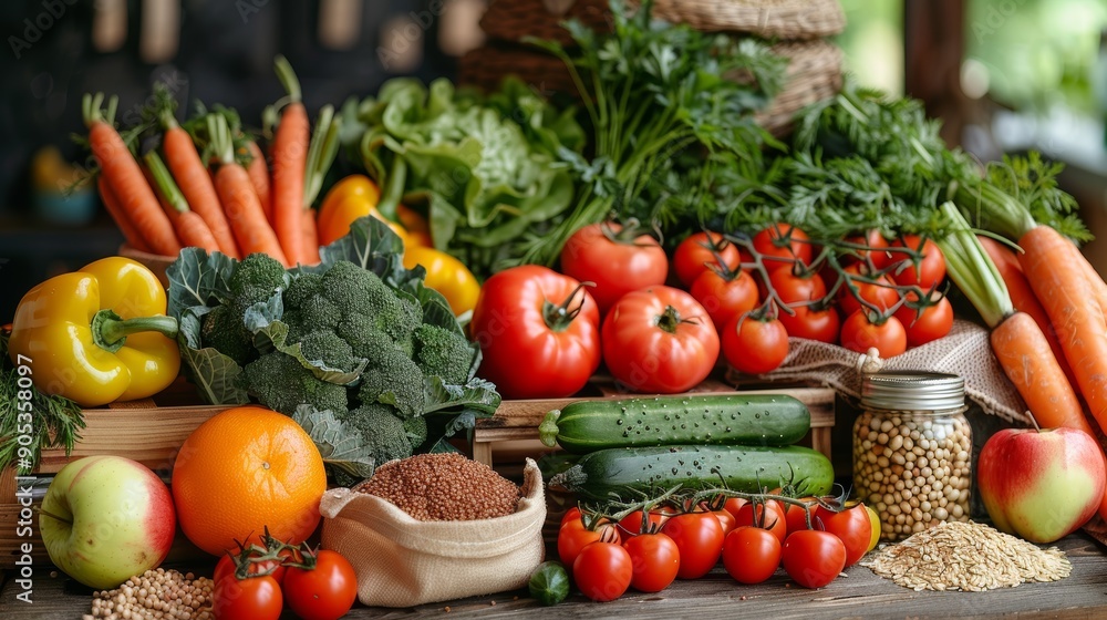 Fresh Vegetables and Fruits Displayed at Local Market During Bright Sunny Day. Generative AI Fresh Vegetables and Fruits Displayed at Local Market During Bright Sunny Day. Generative AI
