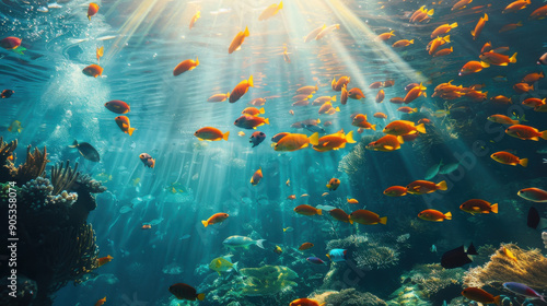 A vibrant school of fish swimming through the clear waters of a tropical reef, with sunlight filtering down from above.