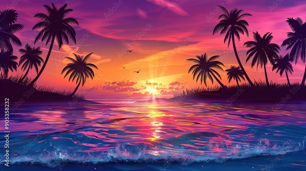 Tropical Island Sunset with Palm Trees and a Hammock. AI generated illustration Tropical Island Sunset with Palm Trees and a Hammock. AI generated illustration