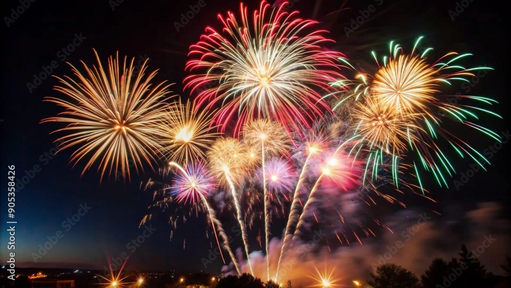 Vibrant Fireworks Display in Dark Night Sky Vibrant Fireworks Display in Dark Night Sky
