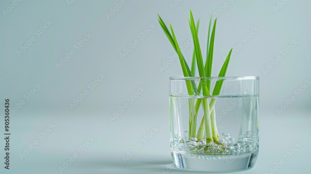 Glass with lemongrass leaf in water on white background symbolizing purity of food and water Glass with lemongrass leaf in water on white background symbolizing purity of food and water