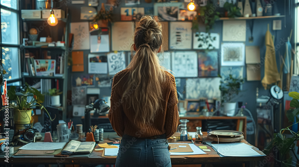 A woman with long hair is sitting at a desk in a room with a lot of artwork on t A woman with long hair is sitting at a desk in a room with a lot of artwork on t
