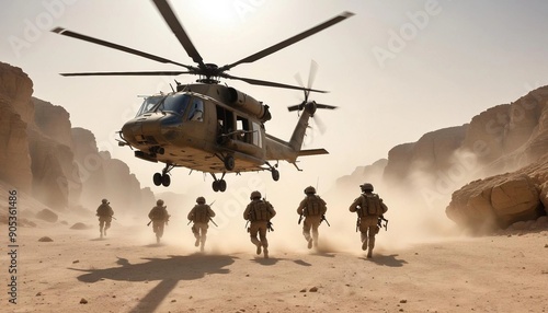 A military helicopter lands on a rocky plateau in the Middle East under the blistering summer heat. Dust and sand swirl as soldiers disembark, some securing the perimeter while others unload supplies 