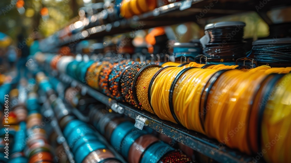 Fototapeta premium Colorful Threads and Strands Displayed in a Vibrant Market Stall During a Sunny Afternoon. Generative AI