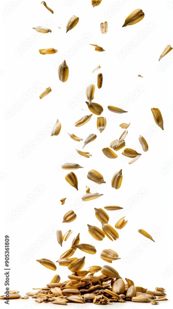 Fototapeta premium Falling Sunflower Seeds on White Background: Dynamic Culinary Imagery for Snack Advertising, Food Packaging, and Healthy Eating Concepts. Ideal for Nutritional Marketing, Organic Product Branding, and