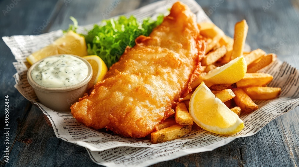 British fish and chips served with tartar sauce and lemon wedges on a newspaper-lined plate