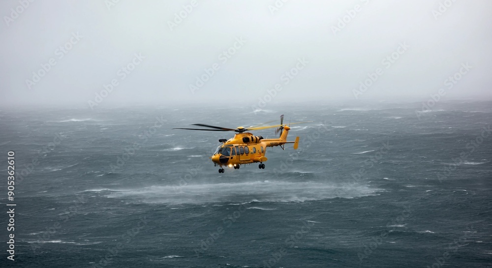 Fototapeta premium A rescue helicopter hovering above a turbulent ocean, battling heavy rain and powerful gusts as it searches for a stranded vessel. 
