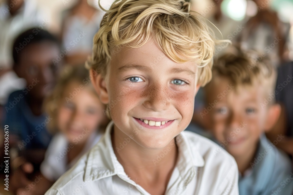 A charming young schoolboy smiling at the camera with confidence, surrounded by classmates A charming young schoolboy smiling at the camera with confidence, surrounded by classmates