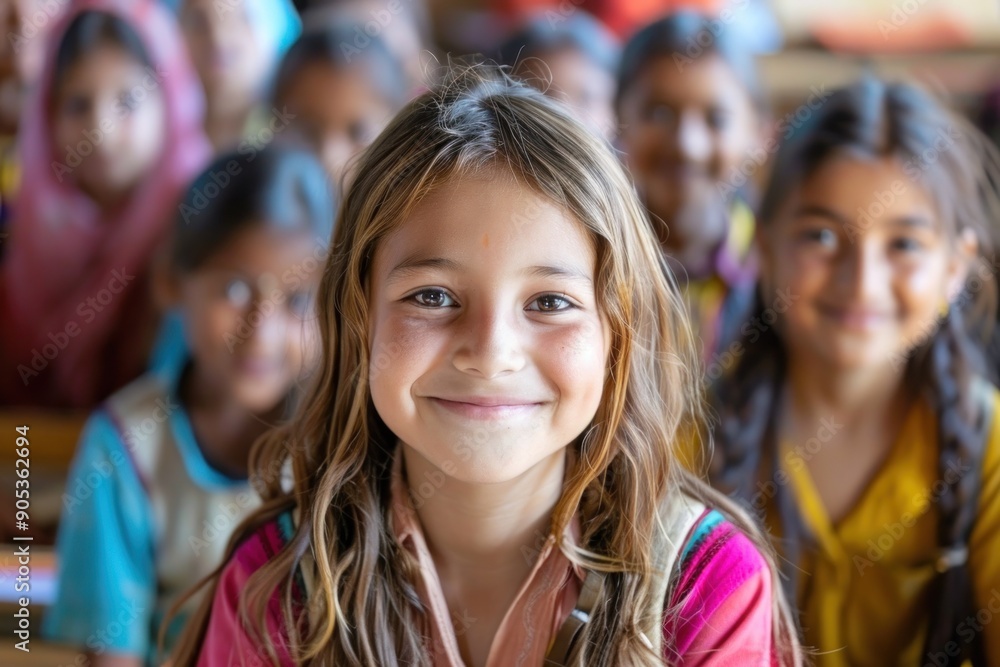 A charming young schoolgirl smiling at the camera with confidence, surrounded by classmates A charming young schoolgirl smiling at the camera with confidence, surrounded by classmates
