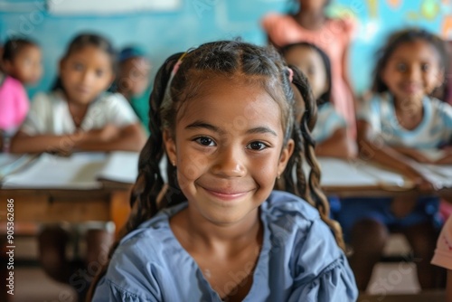 A charming young schoolgirl smiling at the camera with confidence, surrounded by classmates