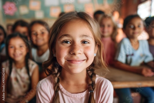 A charming young schoolgirl smiling at the camera with confidence, surrounded by classmates