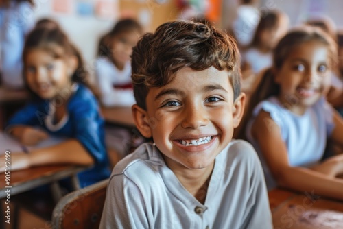 A charming young schoolboy smiling at the camera with confidence, surrounded by classmates