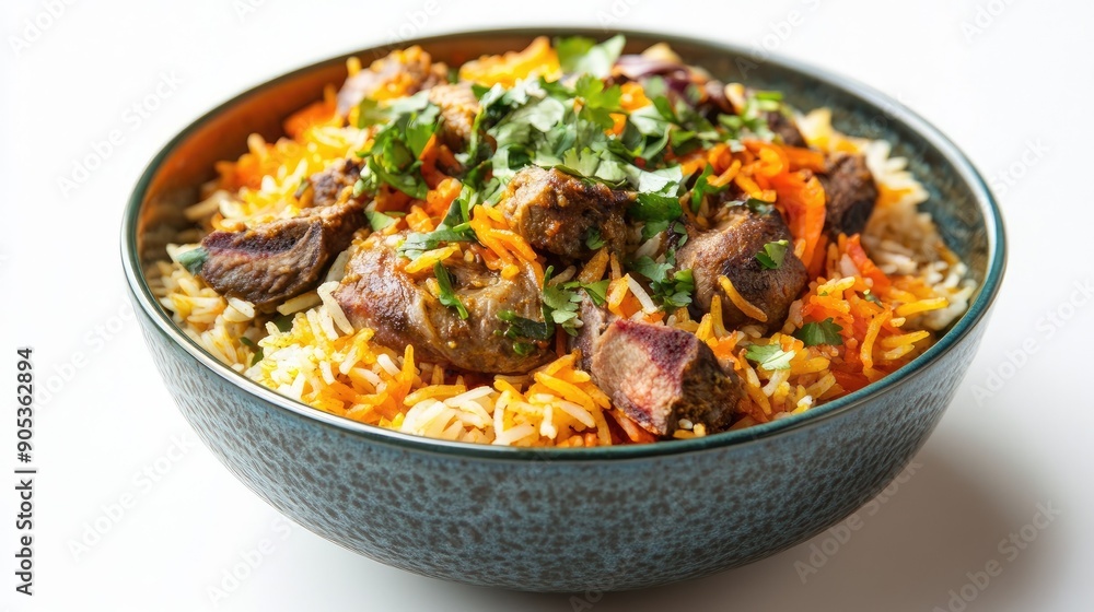 Colorful bowl of aromatic biryani with saffron rice, succulent meat, and garnish of herbs on a white background Colorful bowl of aromatic biryani with saffron rice, succulent meat, and garnish of herbs on a white background