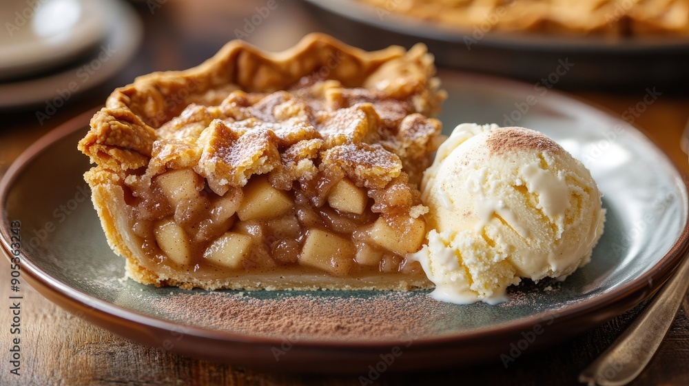 Dutch apple pie with a flaky crust and cinnamon-sugar topping, served with a scoop of vanilla ice cream Dutch apple pie with a flaky crust and cinnamon-sugar topping, served with a scoop of vanilla ice cream