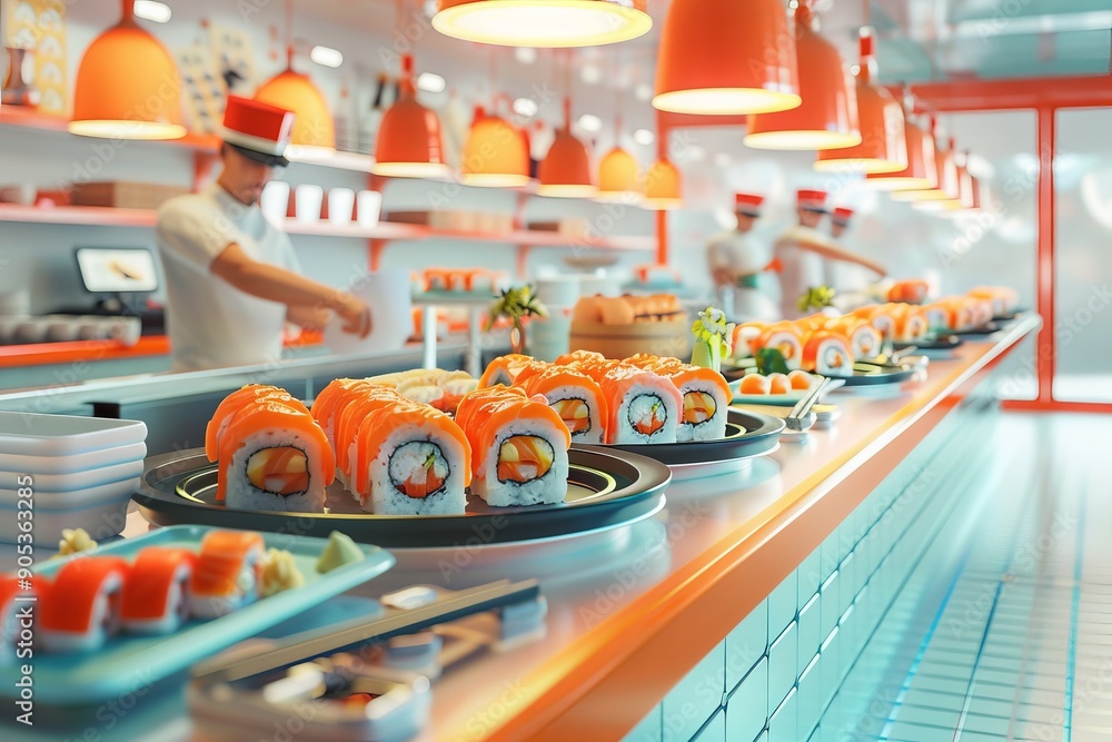 3d illustration of sushi bar at restaurant bokeh style background 3d illustration of sushi bar at restaurant bokeh style background