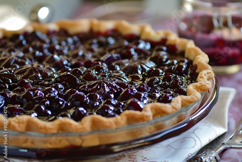 A Close-Up of a Cherry Pie with a Flaky Crust photo