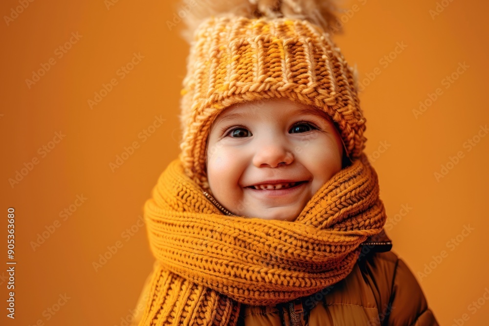 A joyful child in a knitted hat and scarf beams against a warm autumn orange background A joyful child in a knitted hat and scarf beams against a warm autumn orange background