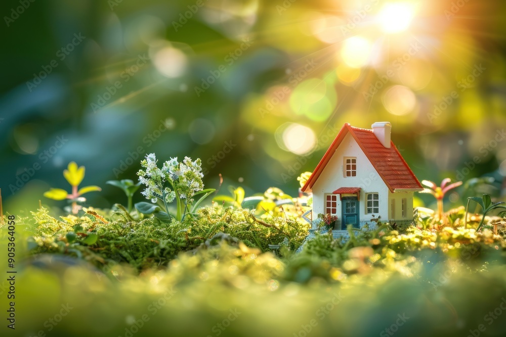 A miniature house model nestled in a vibrant green field with sunlight filtering through A miniature house model nestled in a vibrant green field with sunlight filtering through