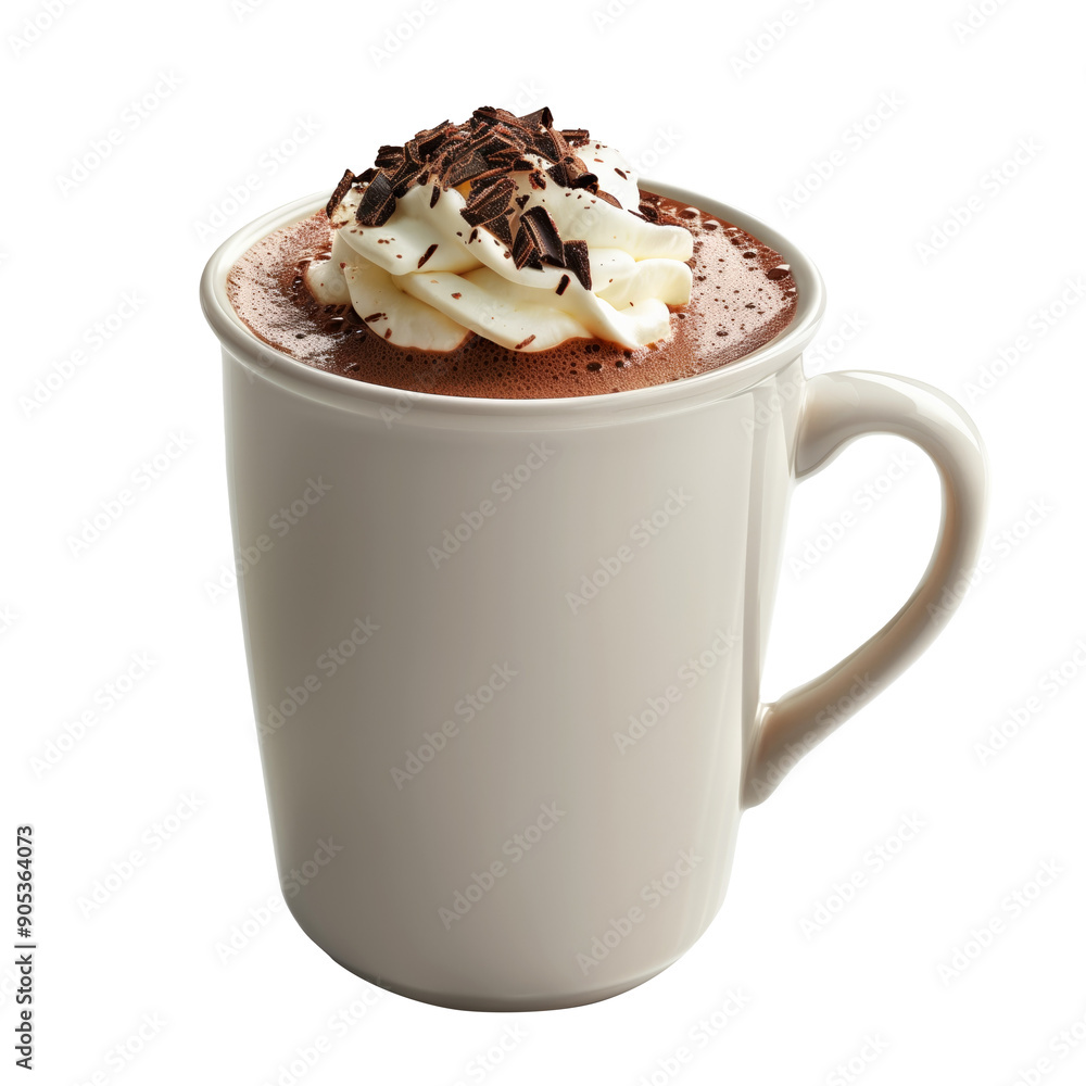 Hot chocolate topped with creamy whipped cream in a ceramic mug isolated on white transparent Hot chocolate topped with creamy whipped cream in a ceramic mug isolated on white transparent