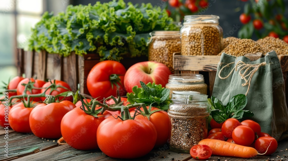 Freshly Harvested Tomatoes and Vegetables Arranged on a Rustic Wooden Table With Jars of Spices. Generative AI Freshly Harvested Tomatoes and Vegetables Arranged on a Rustic Wooden Table With Jars of Spices. Generative AI