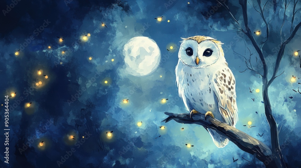 A serene night scene featuring a wise owl perched on a branch under a bright moon and sparkling stars, evoking tranquility. A serene night scene featuring a wise owl perched on a branch under a bright moon and sparkling stars, evoking tranquility.