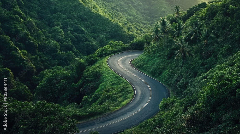 Curving asphalt road weaving through a dense green forest on a mountainside. Curving asphalt road weaving through a dense green forest on a mountainside.