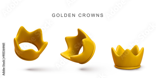 3d realistic golden crowns on white background. Vector illustration.