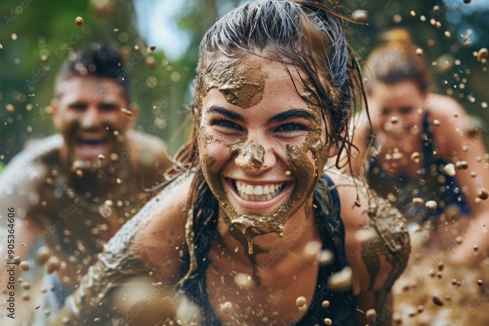 Obraz premium A smiling, mud-covered woman conquers a challenging outdoor obstacle run race with teammates