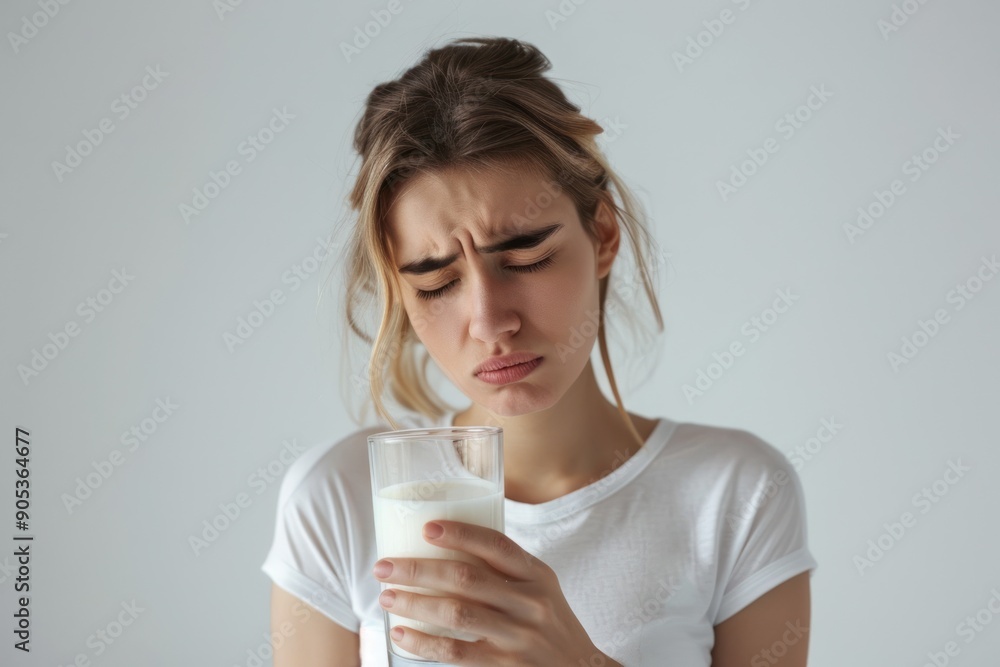 woman holding a glass of milk, experiencing stomach pain, pained expression discomfort, lactose intolerance woman holding a glass of milk, experiencing stomach pain, pained expression discomfort, lactose intolerance