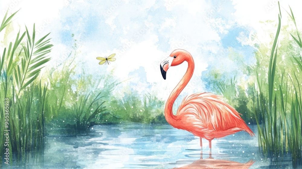 Fototapeta premium A vibrant pink flamingo stands gracefully by a serene water body, surrounded by lush greenery and a soft blue sky.